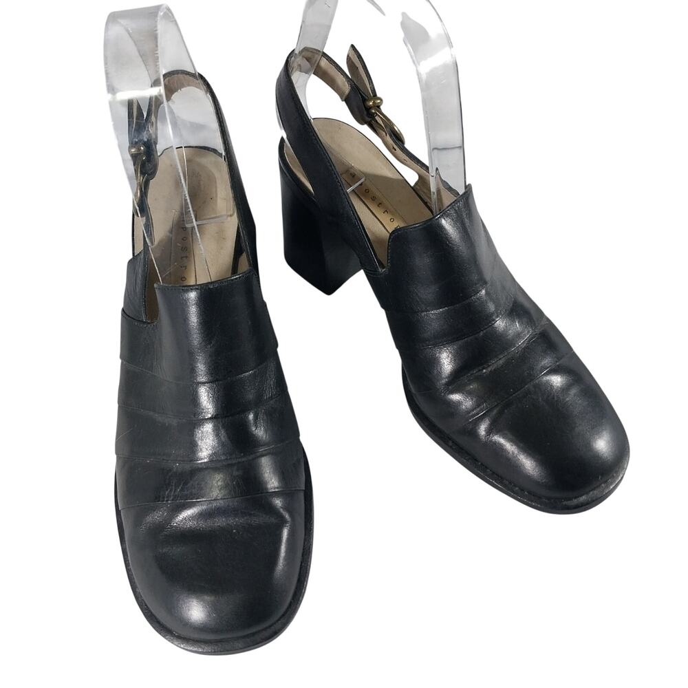 APOSTROPHE! LUXE BLACK GENUINE LEATHER SLINGBACK LOAFER STYLE HEELS! SZ 7.5M